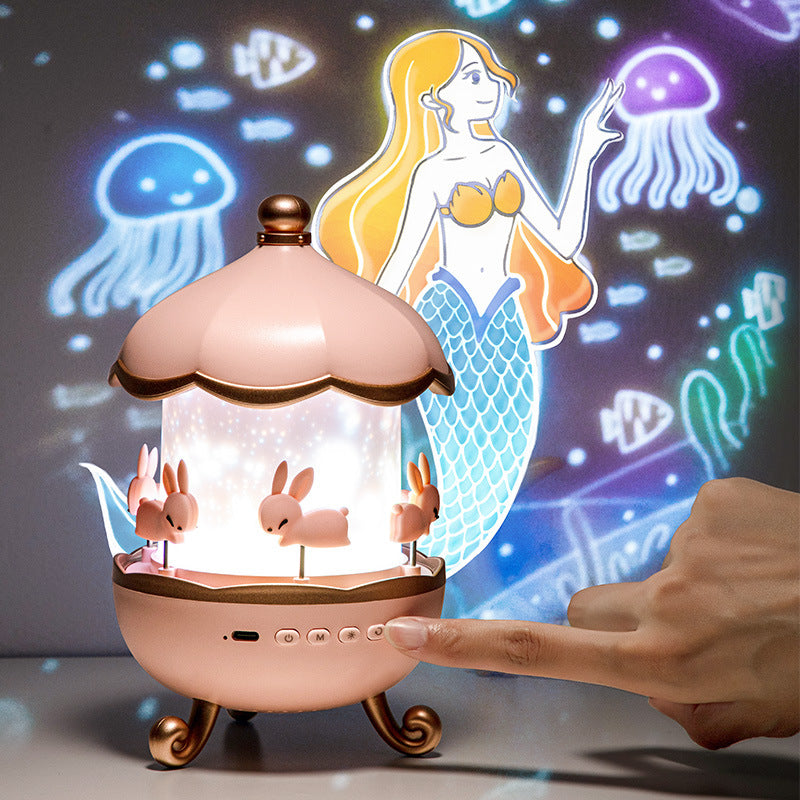 Bunny Carousel Projector Night Light – Rotating LED Lamp with Mermaid & Ocean Cartoon Patterns for Kids